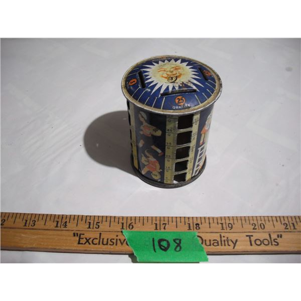 1930’s Tin Litho Cylindrical Tower Rotating Coin Piggy Bank