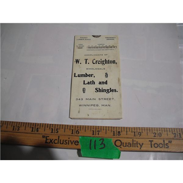 1904 W.T. Creighton Pocket Lumber Scale – Winnipeg, MB