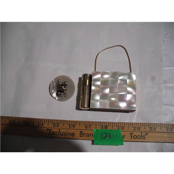 Mother of Pearl Powder/Lipstick/Mirror Purse & Mother of Pearl Broach