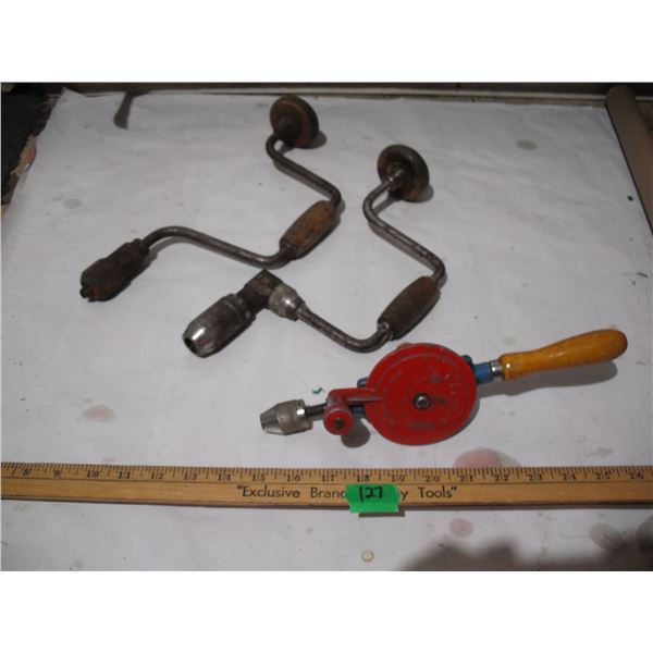 Clipper Hand Drill, (2) Vintage Carpenters Brace Hand Drills