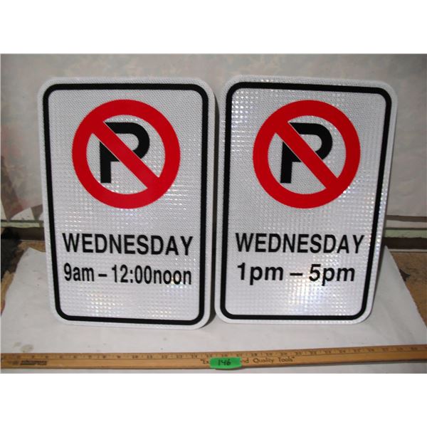 (2) Unused Aluminum No Parking Signs w/ Day & Times (Reflective), 12x18”