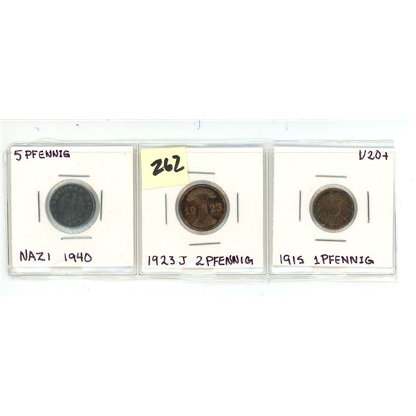 Lot of (3) German Coins | 1940 5 Pfenning (Nazi Swastika) - 1923 2 Pfenning - 1915 1 Pfenning Coin.