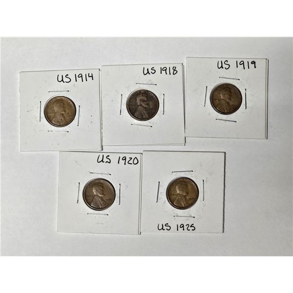 (5) USA Pennies | 1914 – 1918 – 1919 – 1920 - 1925