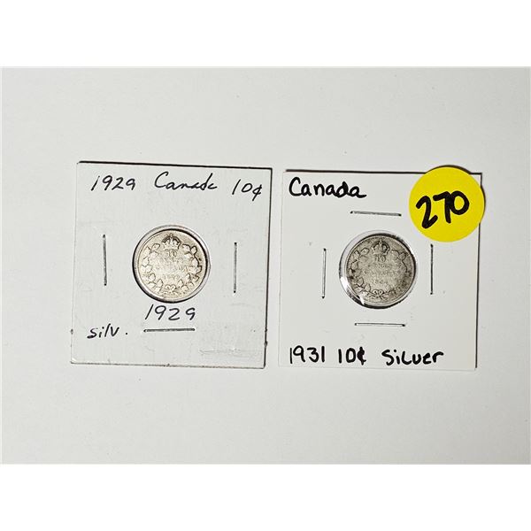 (2) Canada Silver 10 Cent Coins | 1929 – 1931