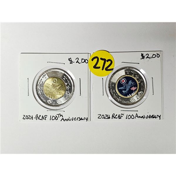 (2) 2024 Canada 100th Anniversary RCAF Two-Dollar Coins (Toonies) - Coloured and Uncoloured