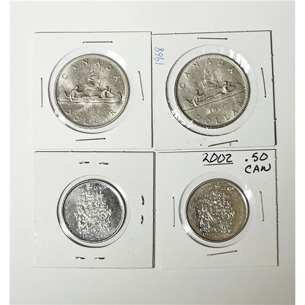 Lot of (4) Canadian Coins | (2) 1968/1969 One-Dollar – (2) 2002 50 cent