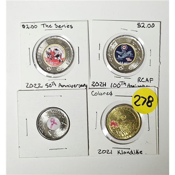 Lot of (4) Coloured Canadian Coins 2021-2024 | (2) Toonies, (1) Loonie, (1) Quarter