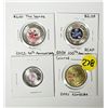 Image 1 : Lot of (4) Coloured Canadian Coins 2021-2024 | (2) Toonies, (1) Loonie, (1) Quarter