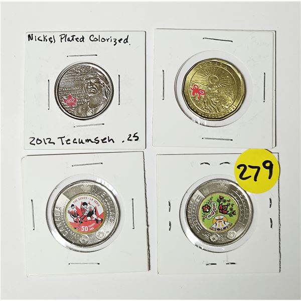 Lot of (4) Coloured Canadian Coins 2012-2023 | (2) Toonies, (1) Loonie, (1) Quarter