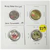Image 1 : Lot of (4) Coloured Canadian Coins 2012-2023 | (2) Toonies, (1) Loonie, (1) Quarter