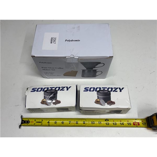 (2) Sootozy brand reusable capsules (New) and Polydremio brand ceramic pour over coffee maker set wi