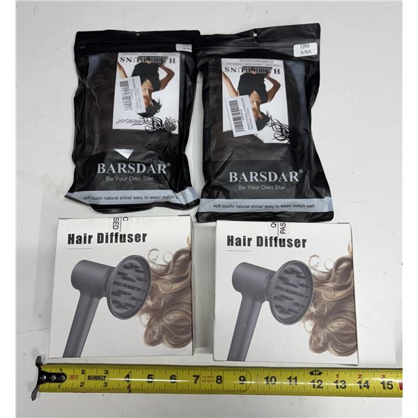 (2) Barsdar brand messy hair bun extensions (New) and (2) Hair Diffuser.