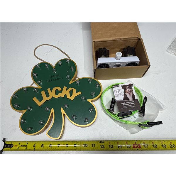 Green Irish blessing shamrock decoration features built-in LED lights and a rustic rope hanger (New)
