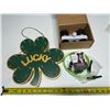 Image 1 : Green Irish blessing shamrock decoration features built-in LED lights and a rustic rope hanger (New)