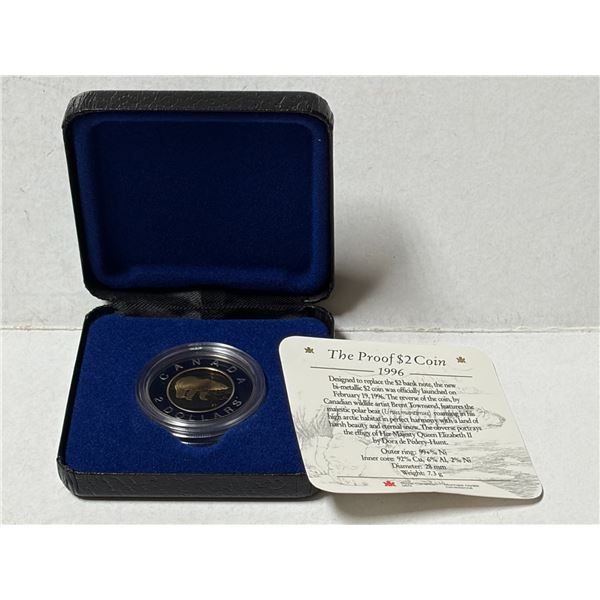1996 Canadian proof "Toonie," a bi-metallic two-dollar coin released to replace the two-dollar bankn