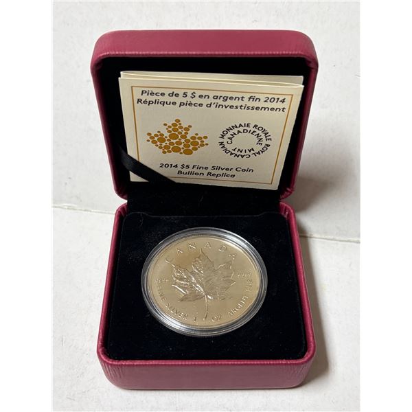 2014 $5 Fine Silver Bullion Replica coin from the Royal Canadian Mint, presented in a red display ca