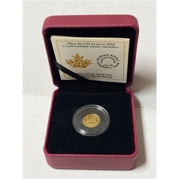 2014 Royal Canadian Mint 50-cent 1/25 oz pure gold coin featuring a beaver design.