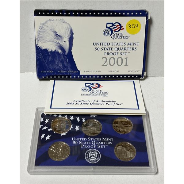 2001 United States Mint 50 State Quarters Proof Set featuring the New York, North Carolina, Rhode Is