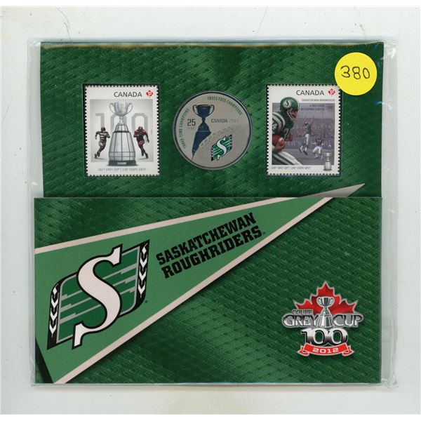 2012 Saskatchewan Roughriders Coloured Coin and Stamp Set, produced to commemorate the 100th Grey Cu
