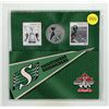 Image 1 : 2012 Saskatchewan Roughriders Coloured Coin and Stamp Set, produced to commemorate the 100th Grey Cu