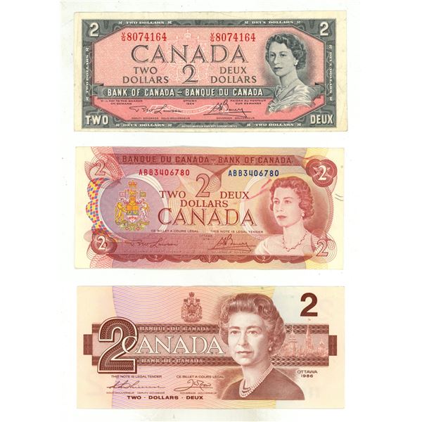 1954, 1974 and 1986 Canada Two Dollars.