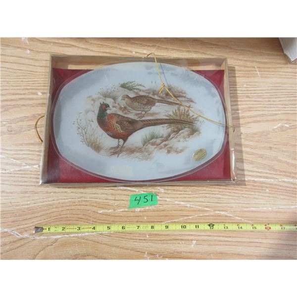 (1) 1960 Vintage Pheasant Painted Glass Platter Stamp Chance England 13 Inches by 9 Inches in Origin