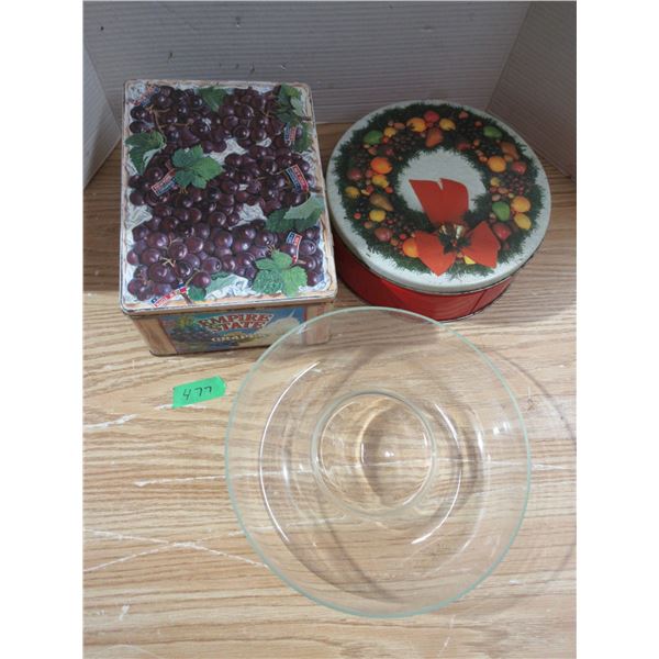 Round Glass Bowl and (2) Collectors Tins