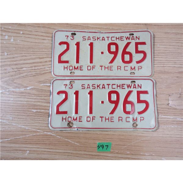 Pair of 1973 Sask License Plates Home of The RCMP