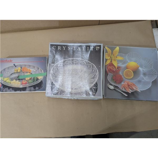 3 serving dishes, glass, original boxes
