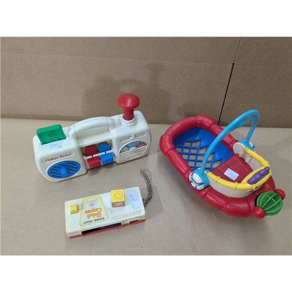 3 fisher price toys, boat, camera, radio