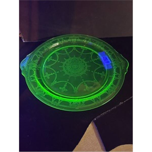 1930s 11 ½” Anchor Hocking Glass "Cameo" Green Uranium Glass Platter