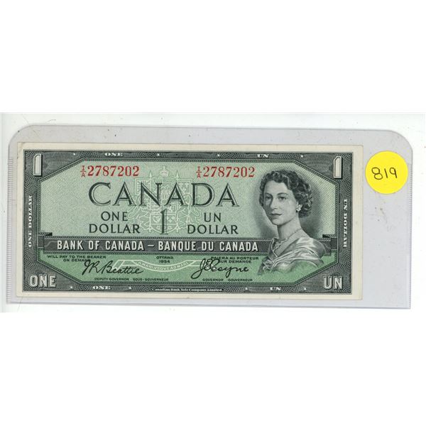 1954 Bank of Canada One Dollar. (Devil's Face)