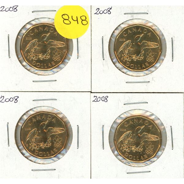 (4) 2008 Canadian 1 Dollar coin, specifically the "Lucky Loonie" edition celebrating the 2008 Olympi