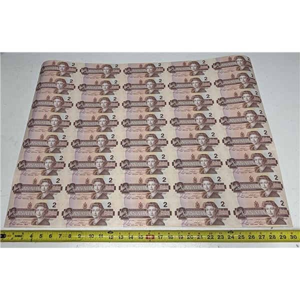 Uncut Sheet of 1986 Canada Two Dollars. (Total 40 Notes)