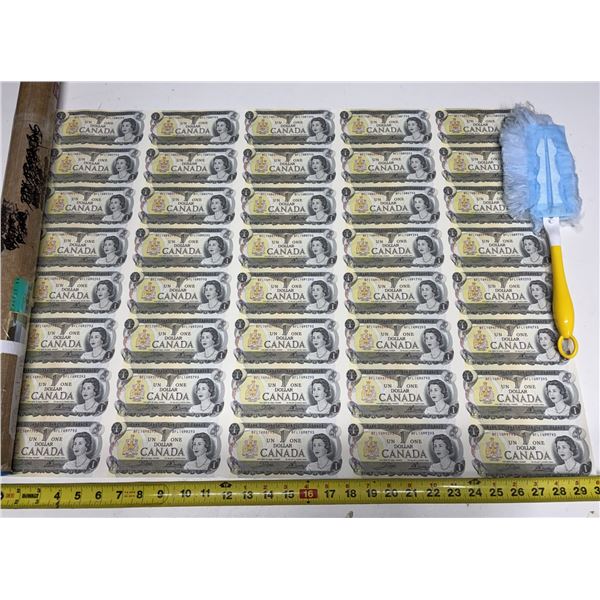 Uncut Sheet of 1973 Canada One Dollars. (Total 40 Notes)