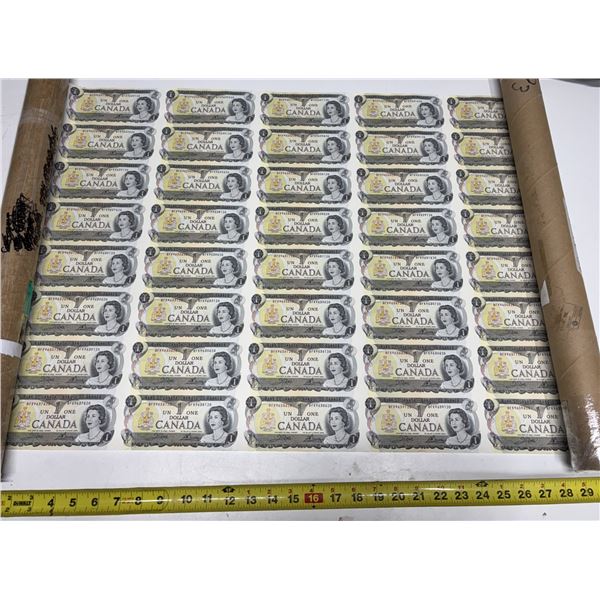 Uncut Sheet of 1973 Canada One Dollars. (Total 40 Notes)
