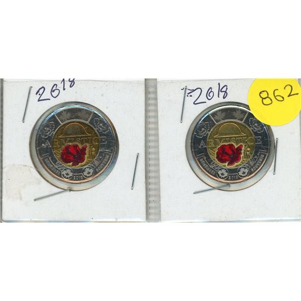 (2) 2018 Canadian $2 circulation coins commemorating the 100th anniversary of the Armistice - Colour
