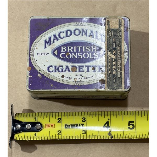 Vintage Macdonald's British Consols cigarette tin manufactured in Montreal, Canada. (Empty)