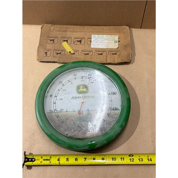 John Deere branded outdoor wall thermometer featuring a vintage farm scene and vintage John Deere pa