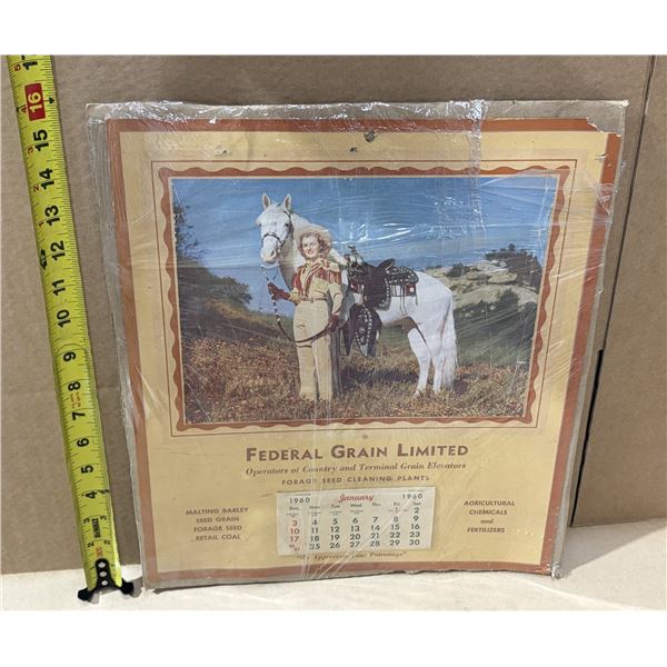 Vintage 1960 advertising calendar for Federal Grain Limited, featuring a woman in Western attire pos