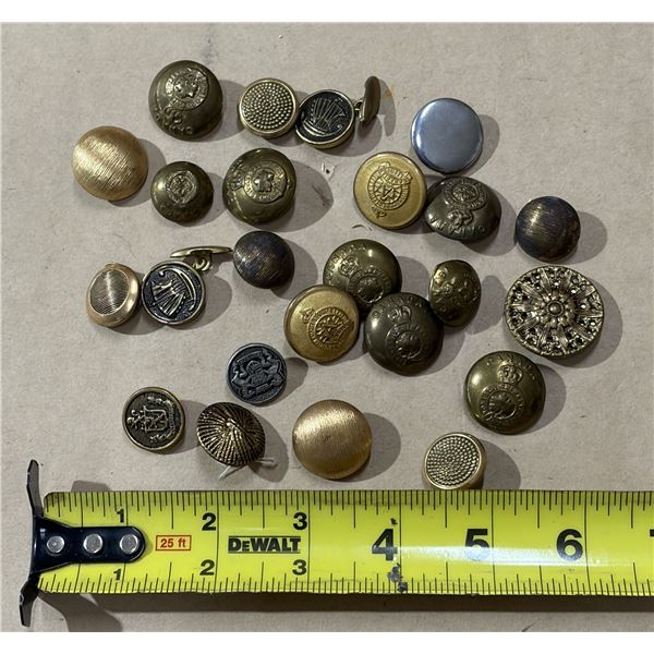 Vintage lot of assorted metal buttons, including various brass, heraldic, and ornate designs likely 