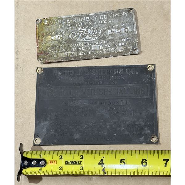 Vintage machine data plate for a "Red River Special" thresher manufactured by the Nichols & Shepard 