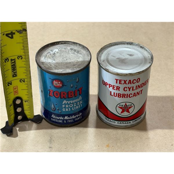Vintage 4 oz metal can of Whiz Zorbit gas line antifreeze and vintage 4-ounce Texaco Upper Cylinder 