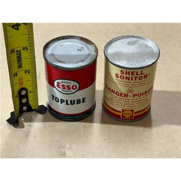 Vintage 4oz Imperial Esso Toplube metal can and vintage Shell Sonitor corrosion inhibitor tin. (Seal
