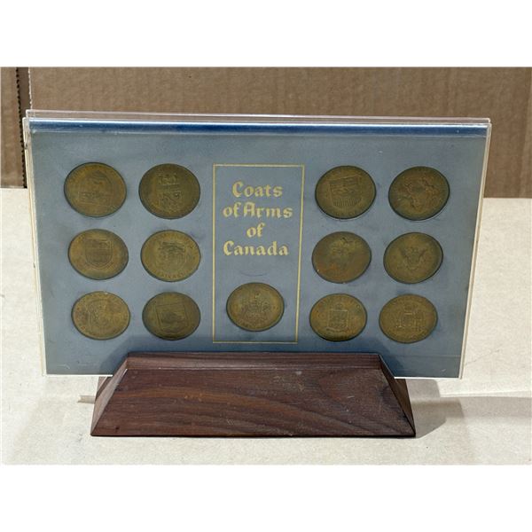 Vintage 1967 Shell Oil Canada 13-piece coin set featuring Coats of Arms and Floral Emblems of Canadi