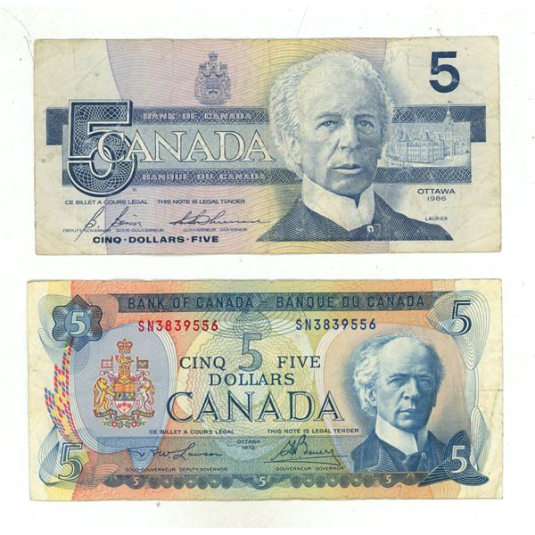 1986 and 1972 Canada Five Dollars.