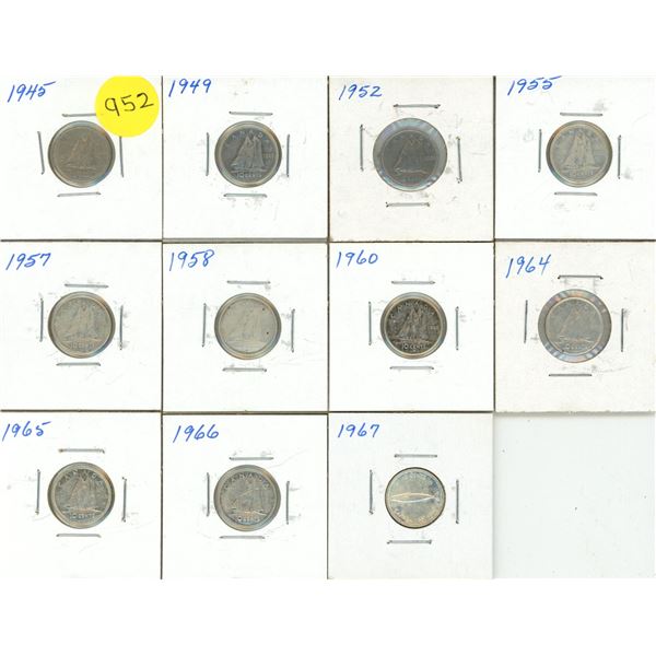 1945, 1949, 1952, 1955, 1957, 1958, 1960, 1964, 1965, 1966, 1967 Canada Silver 10 Cents.
