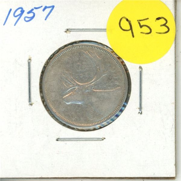 1957 Canada Silver 25 Cents Coin.