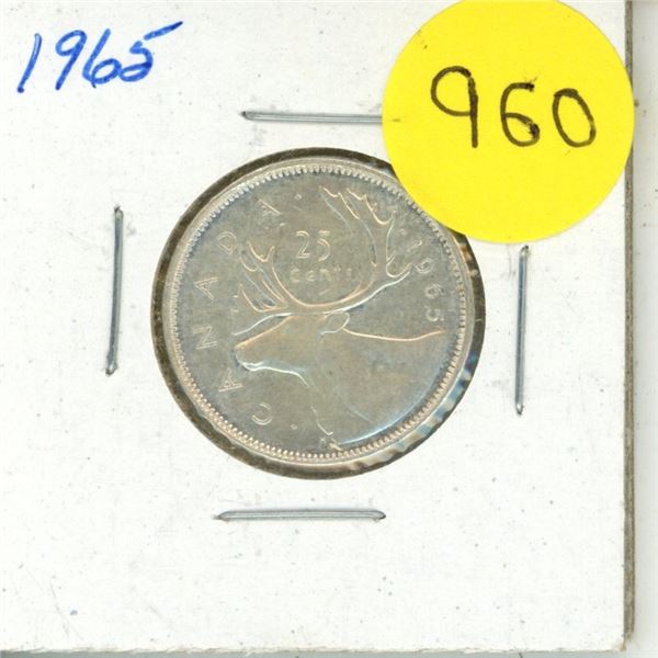 1965 Canada Silver 25 Cents Coin.
