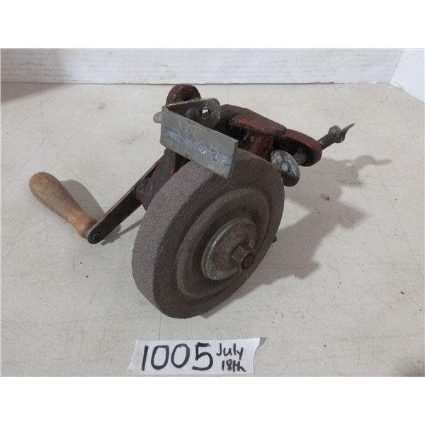 Hand-Operated Bench Grinder tool with wooden handle